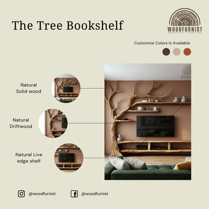 Handcrafted Tree Branch TV Wall Unit – Solid Wood Entertainment Shelf WFNVA2058