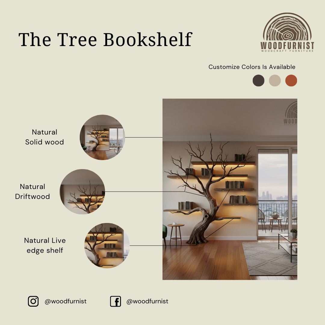 Handcrafted Floor-Standing Tree Bookshelf with Warm LED Lighting – Sculptural Solid Wood Bookcase WFNVA2092