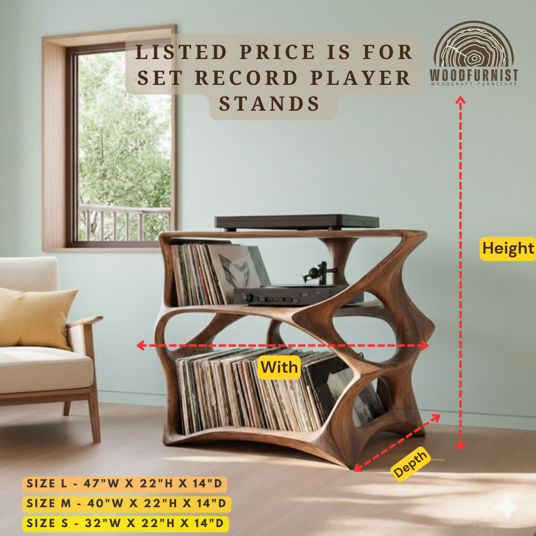 Handcrafted Solid Wood Record Player Stand – Mid-Century Modern Vinyl Storage Turntable Console WFNVA0208