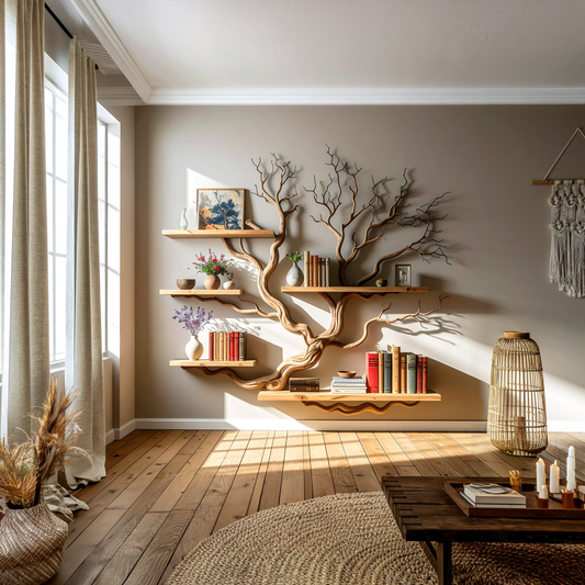 Solid Driftwood Branch Tree Wall Bookshelf