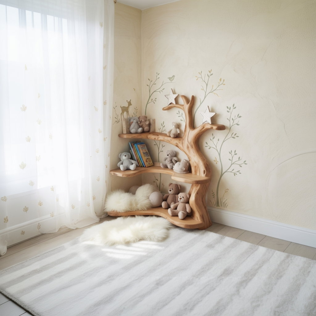 Sculptural Tree Branch Solid Wood Nursery Corner Shelf – Organic Kids Room Decor