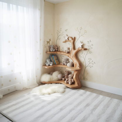 Sculptural Tree Branch Solid Wood Nursery Corner Shelf – Organic Kids Room Decor