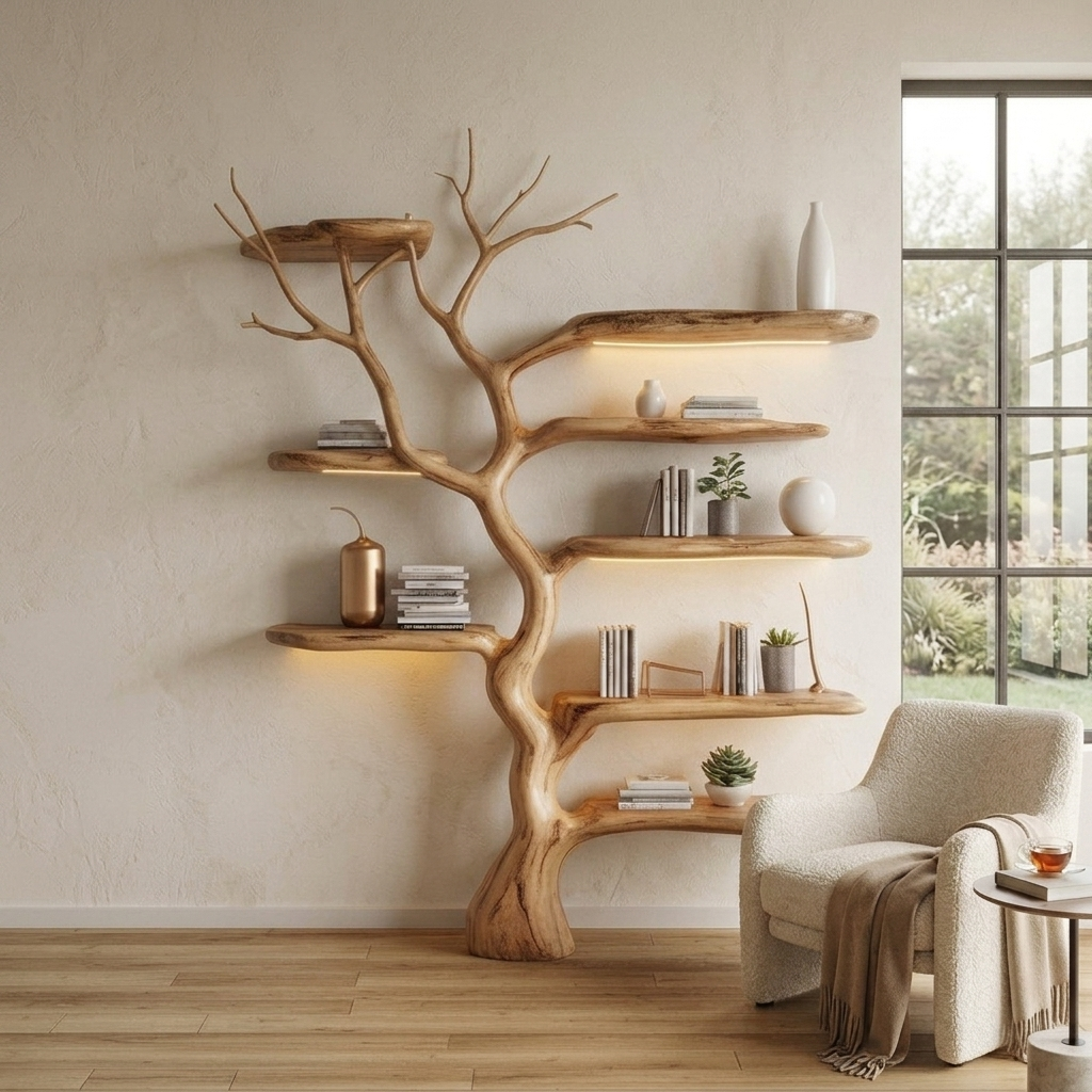 Sculptural Tree Branch Live Edge Solid Wood Wall Shelf