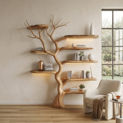 Sculptural Tree Branch Live Edge Solid Wood Wall Shelf