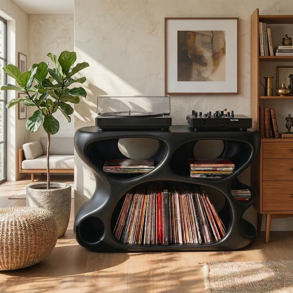 Handcrafted Sculptural Wood Vinyl Record Cabinet – Solid Wood Turntable Stand, Organic LP Storage Console, Modern Music Room Furniture