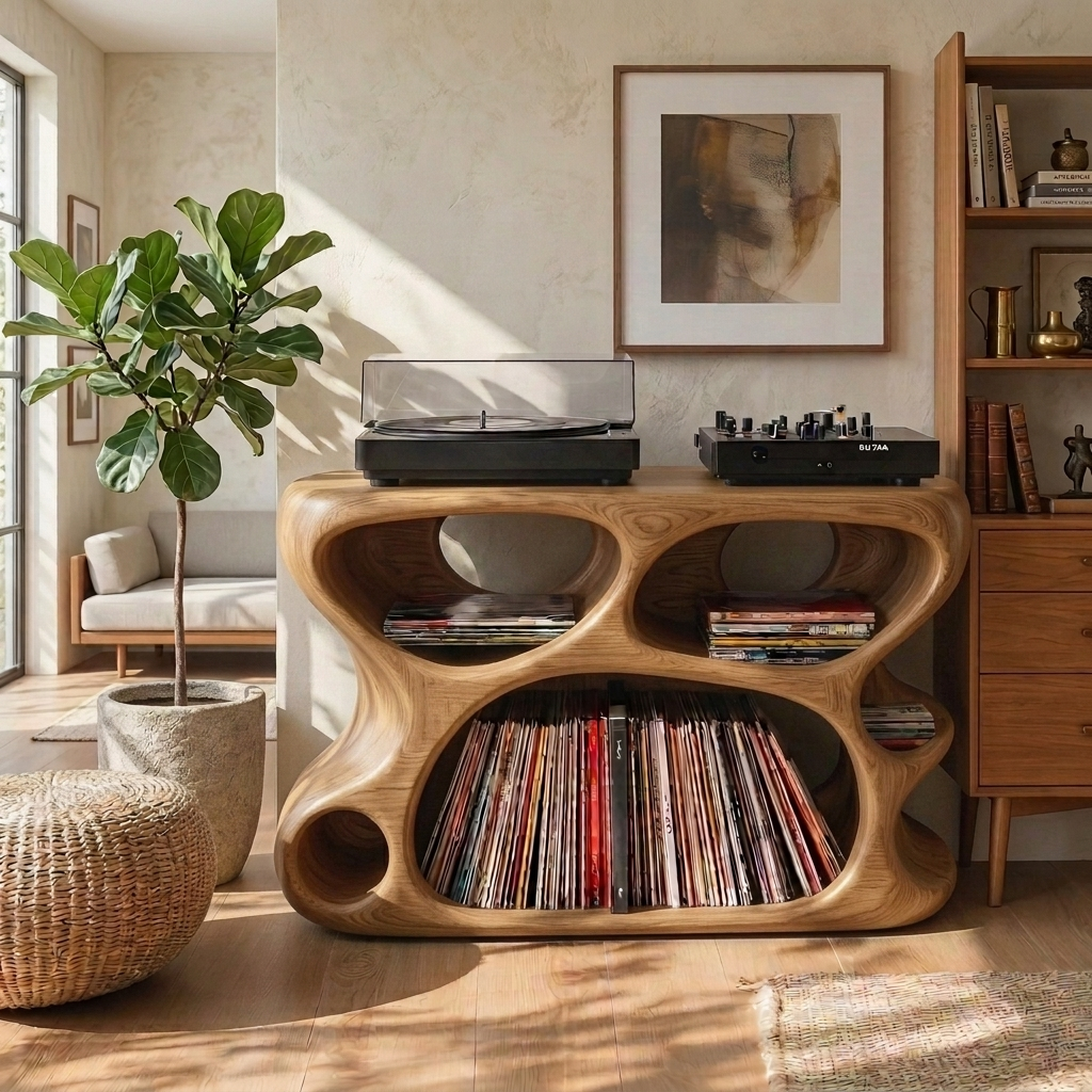 Handcrafted Sculptural Wood Vinyl Record Cabinet – Solid Wood Turntable Stand, Organic LP Storage Console, Modern Music Room Furniture
