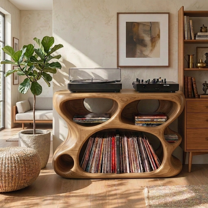 Handcrafted Sculptural Wood Vinyl Record Cabinet – Solid Wood Turntable Stand, Organic LP Storage Console, Modern Music Room Furniture