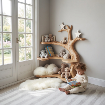 Sculptural Tree Branch Solid Wood Nursery Corner Shelf – Organic Kids Room Decor