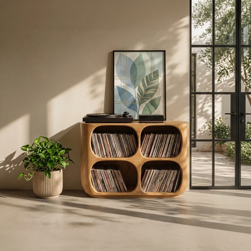 Handcrafted Solid Wood Vinyl Record Storage Cabinet – Mid Century Modern LP Stand, Wooden Media Console for Turntable & Record Collection