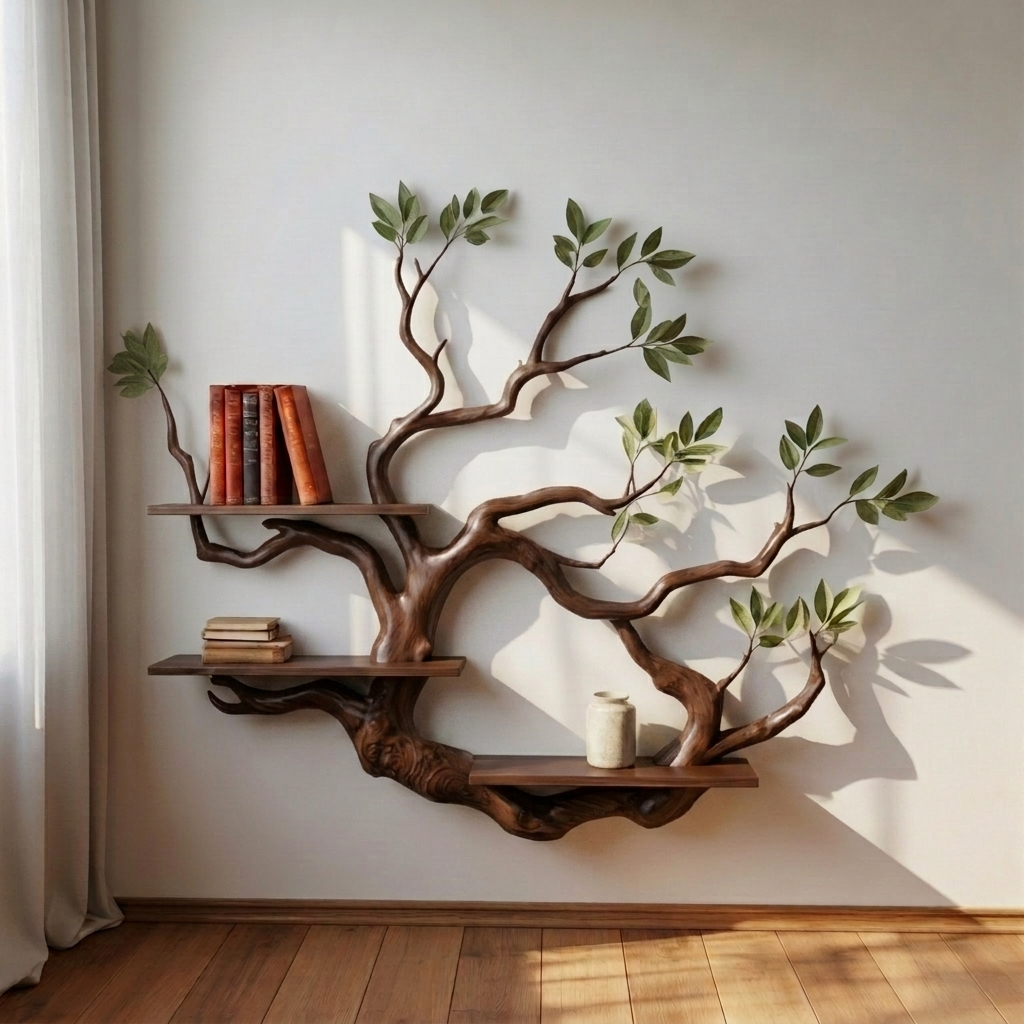 Artistic Tree Branch Floating Shelf – Organic Modern Corner Wall Display