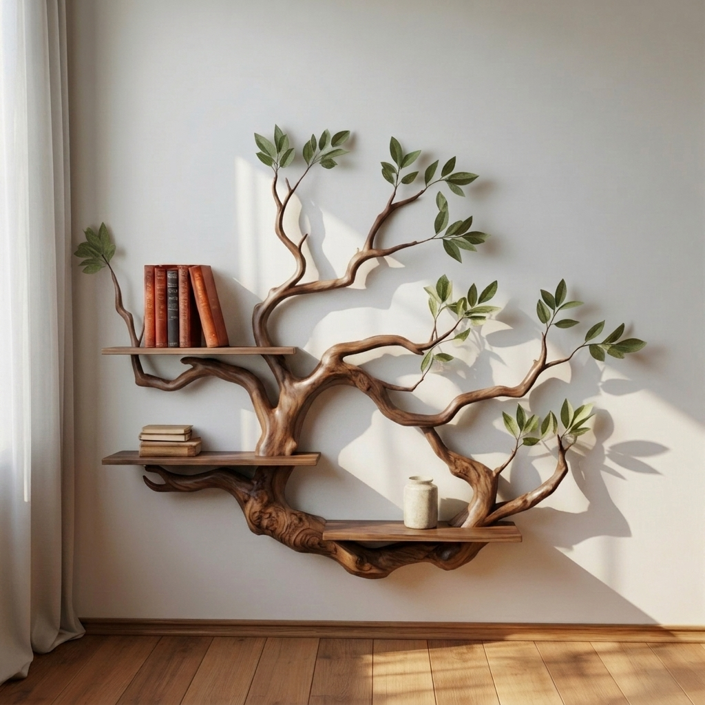 Artistic Tree Branch Floating Shelf – Organic Modern Corner Wall Display