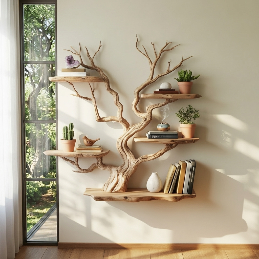 Handcrafted Live Edge Solid Wood Wall Tree Bookshelf