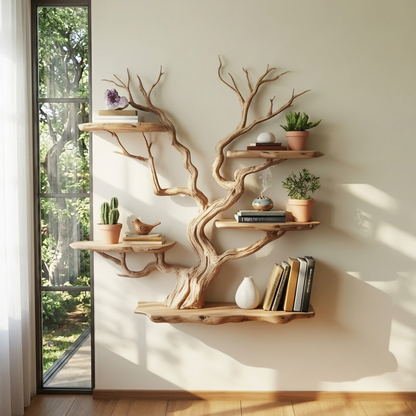 Handcrafted Live Edge Solid Wood Wall Tree Bookshelf