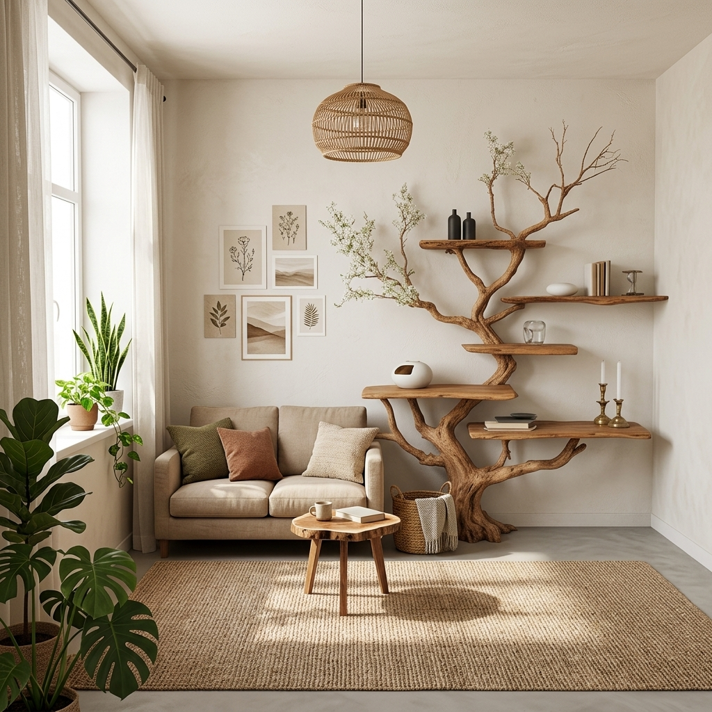 Sculptural Tree Branch Live Edge Solid Wood TreeShelf