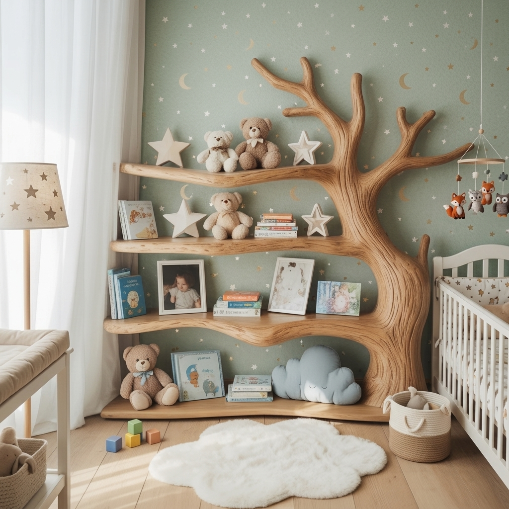 Sculptural Tree Branch Solid Wood Nursery Shelf – Organic Kids Room Corner Decor
