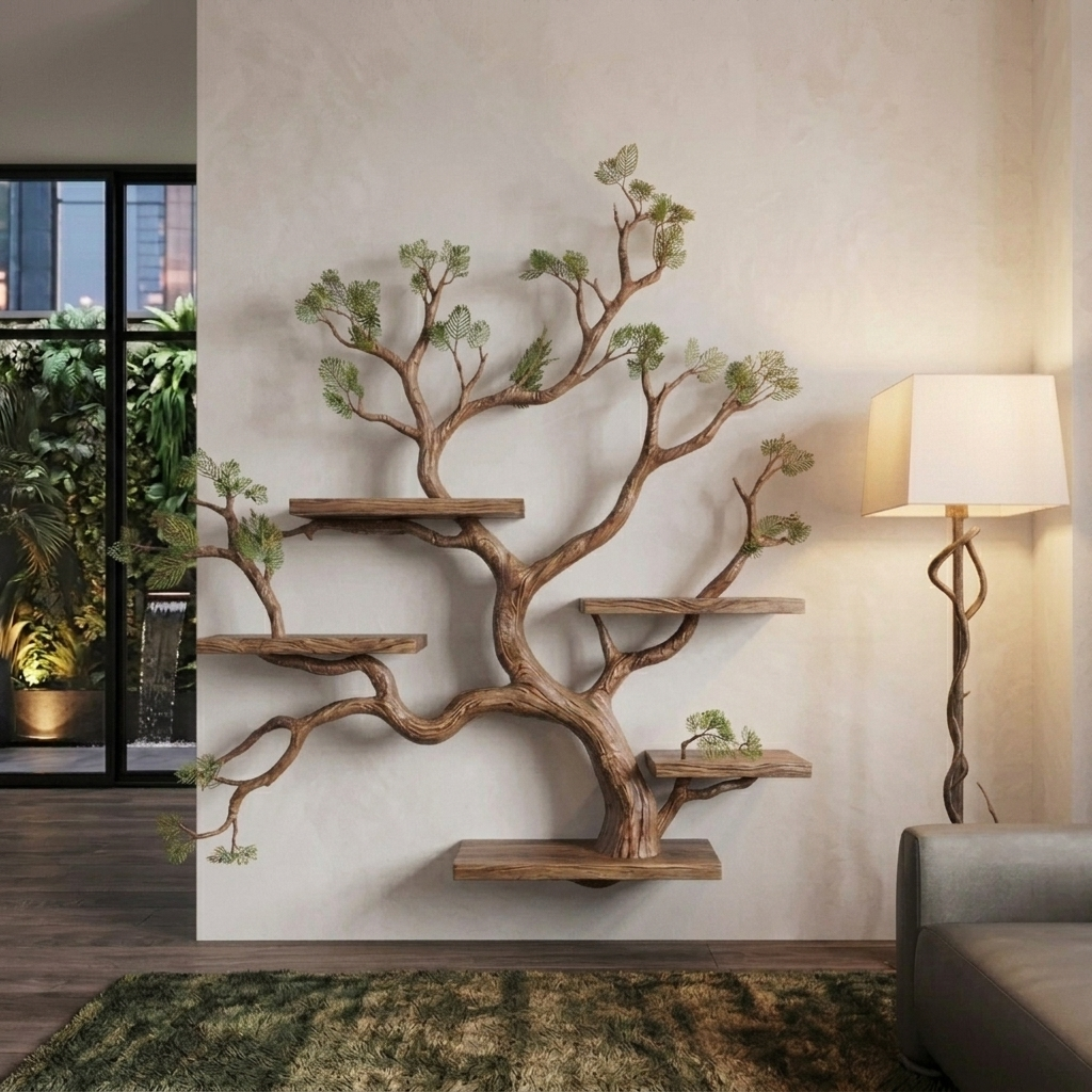Organic Modern Tree Branch Bookshelf – Large Solid Wood Wall Mounted Sculpture