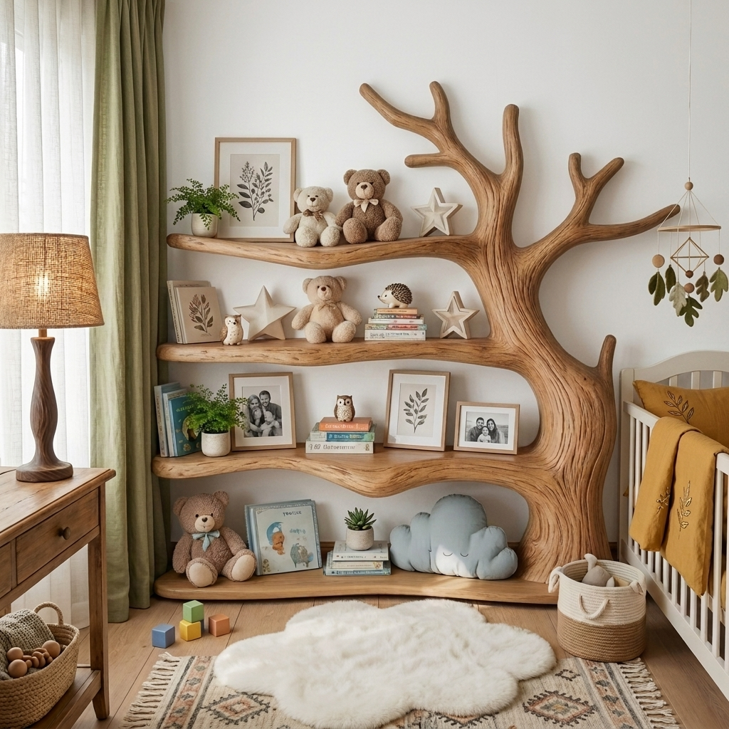 Sculptural Tree Branch Solid Wood Nursery Shelf – Organic Kids Room Corner Decor