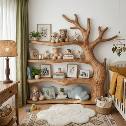 Sculptural Tree Branch Solid Wood Nursery Shelf – Organic Kids Room Corner Decor