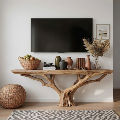 Handcrafted Solid Wood Tree Console Table – Sculptural Wood TV Console, Organic Entryway Table, Rustic Modern Statement Furniture