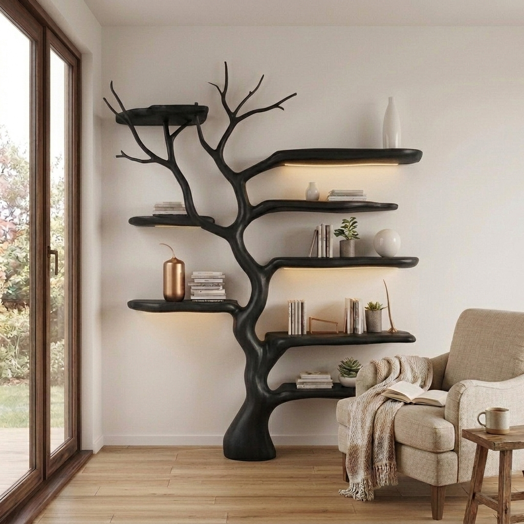 Sculptural Tree Branch Live Edge Solid Wood Wall Shelf