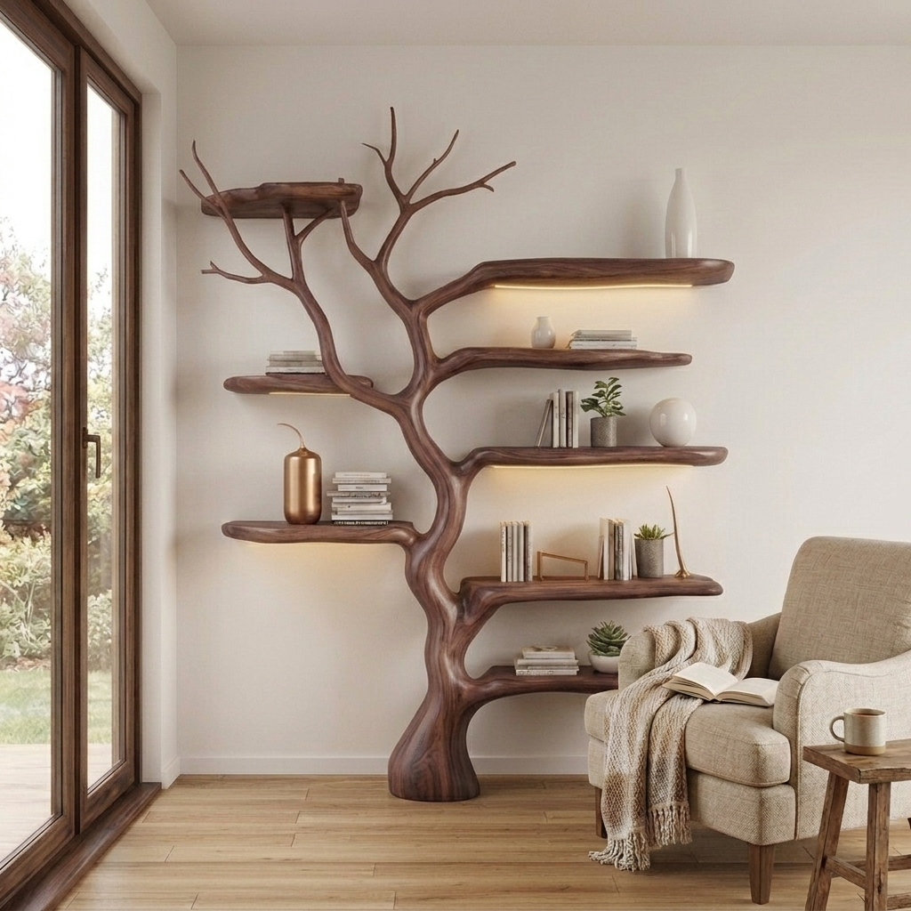 Sculptural Tree Branch Live Edge Solid Wood Wall Shelf