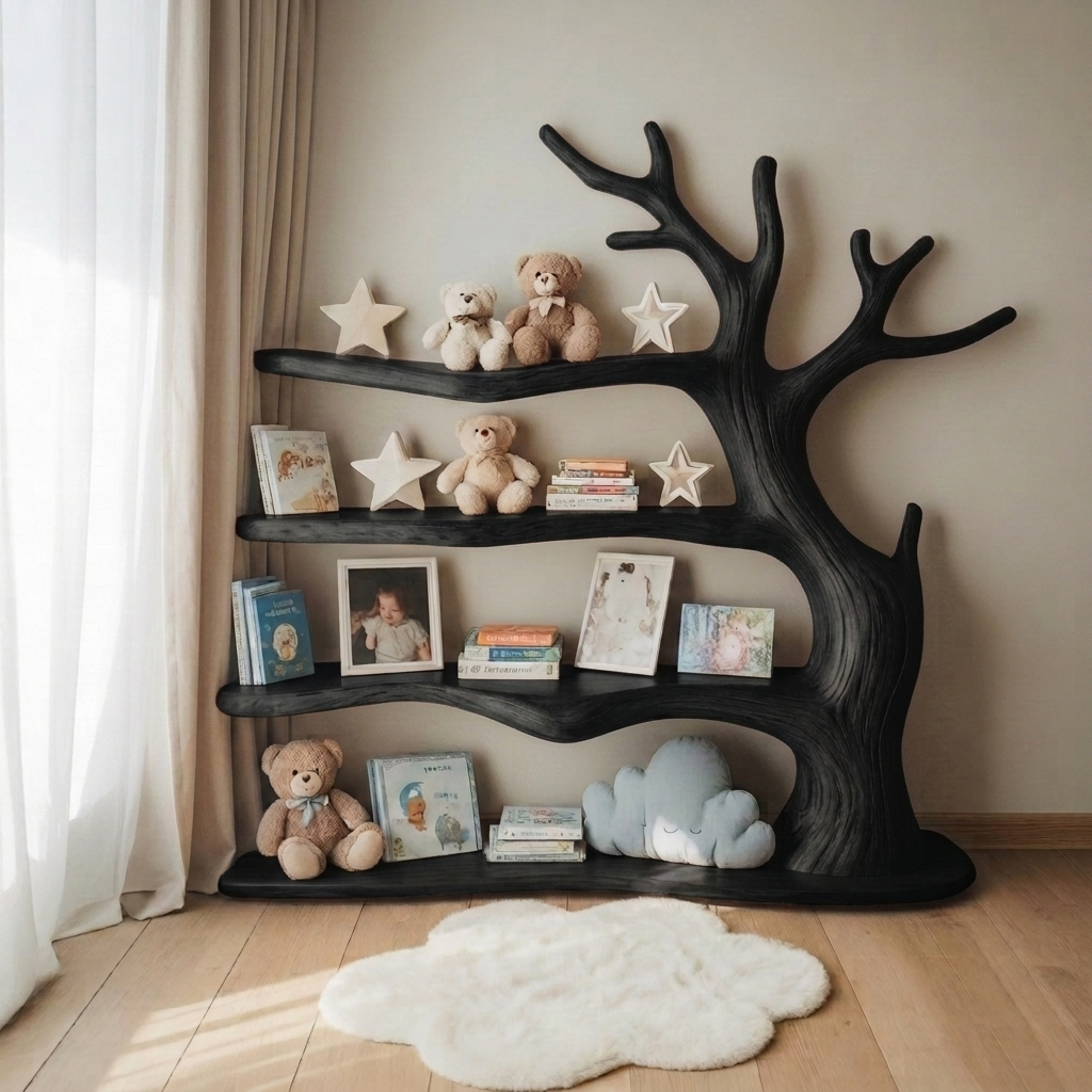Sculptural Tree Branch Solid Wood Nursery Shelf – Organic Kids Room Corner Decor