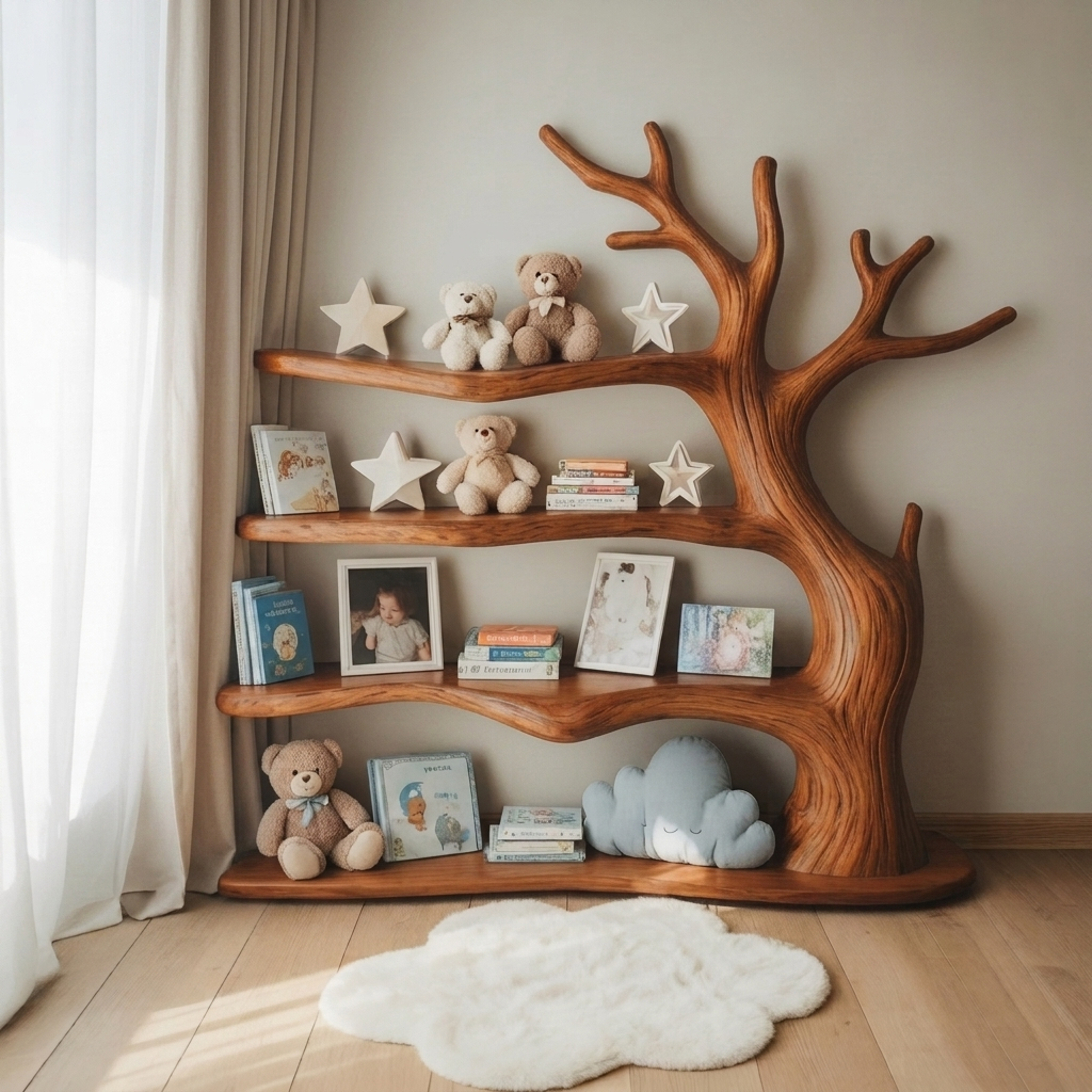 Sculptural Tree Branch Solid Wood Nursery Shelf – Organic Kids Room Corner Decor
