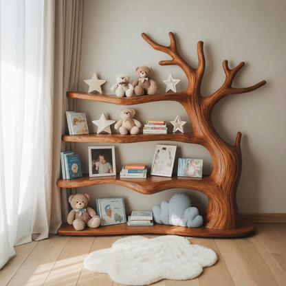 Sculptural Tree Branch Solid Wood Nursery Shelf – Organic Kids Room Corner Decor