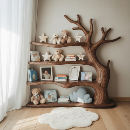 Sculptural Tree Branch Solid Wood Nursery Shelf – Organic Kids Room Corner Decor