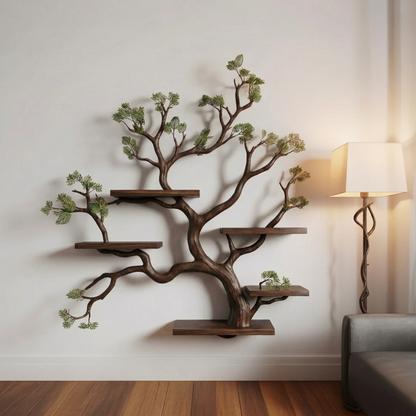 Organic Modern Tree Branch Bookshelf – Large Solid Wood Wall Mounted Sculpture
