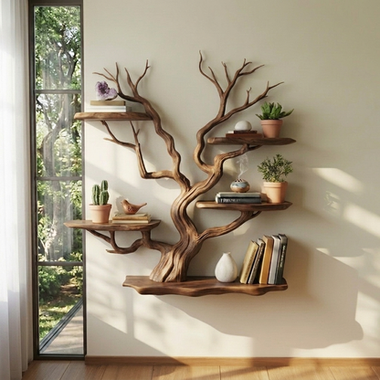 Handcrafted Live Edge Solid Wood Wall Tree Bookshelf