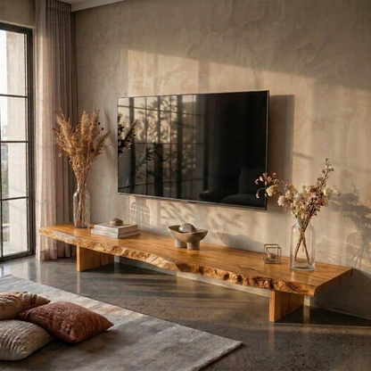 Handcrafted Live Edge Wood TV Stand – Solid Wood Media Console, Rustic Modern Entertainment Center, Natural Wooden TV Bench