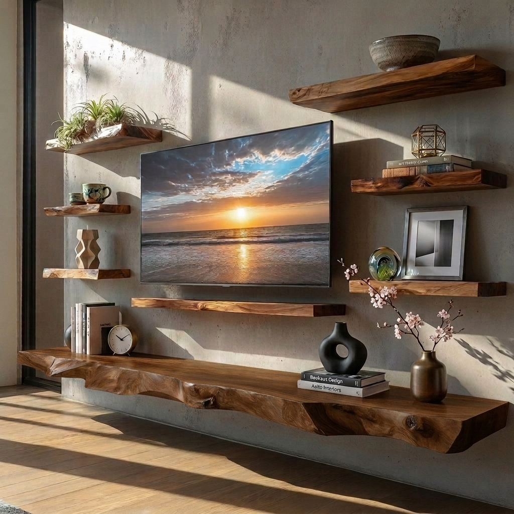 Handcrafted Solid Wood Floating Shelves – Live Edge Wood TV Wall Shelf, Rustic Floating Media Console, Modern Wall Storage Decor