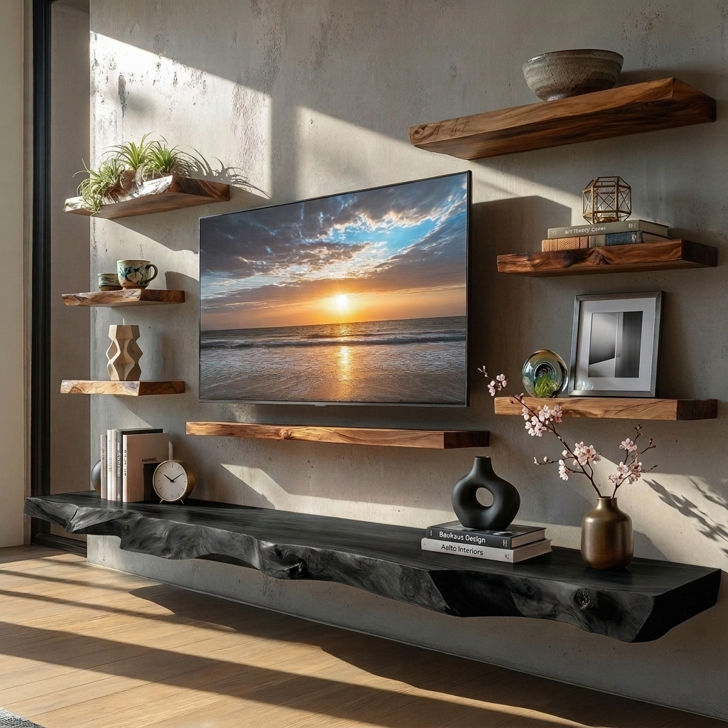 Handcrafted Solid Wood Floating Shelves – Live Edge Wood TV Wall Shelf, Rustic Floating Media Console, Modern Wall Storage Decor