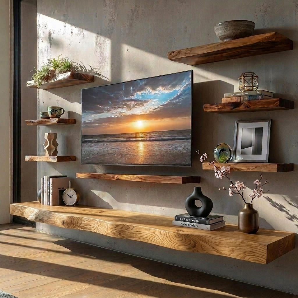 Handcrafted Solid Wood Floating Shelves – Live Edge Wood TV Wall Shelf, Rustic Floating Media Console, Modern Wall Storage Decor