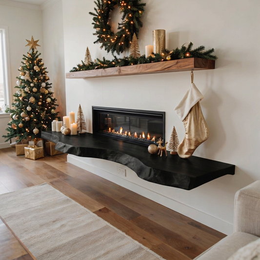 Emberly Live Edge Wood Mantel Shelf in Black finish with live edge slab mantel above a fireplace