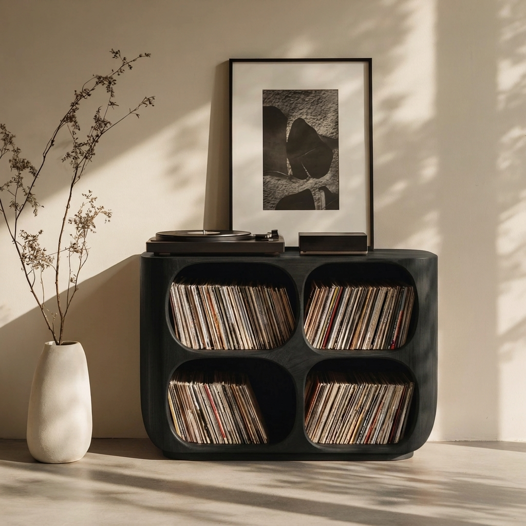 Handcrafted Solid Wood Vinyl Record Storage Cabinet – Mid Century Modern LP Stand, Wooden Media Console for Turntable & Record Collection
