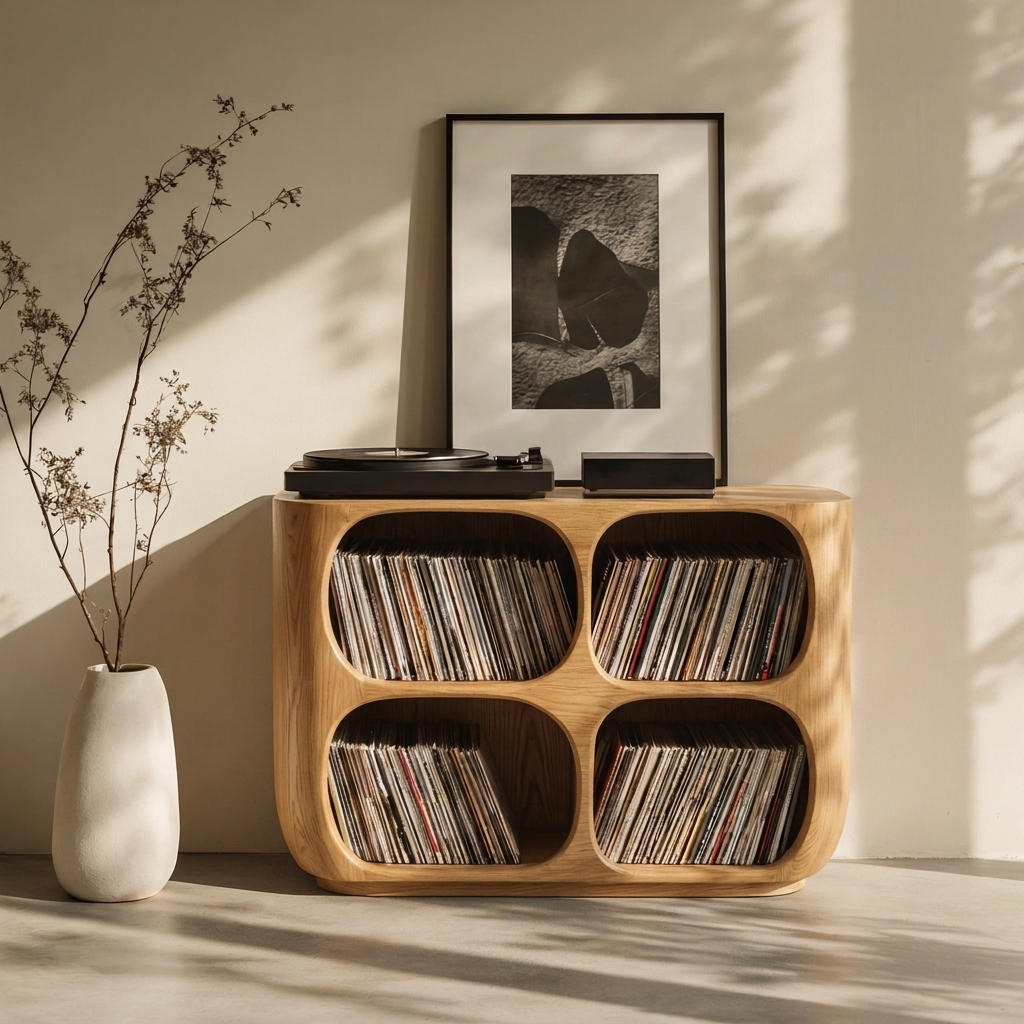 Handcrafted Solid Wood Vinyl Record Storage Cabinet – Mid Century Modern LP Stand, Wooden Media Console for Turntable & Record Collection