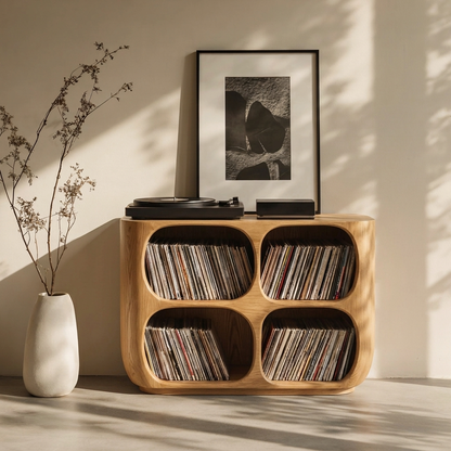 Handcrafted Solid Wood Vinyl Record Storage Cabinet – Mid Century Modern LP Stand, Wooden Media Console for Turntable & Record Collection