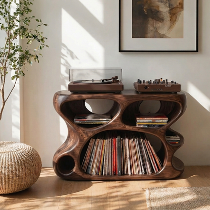 Handcrafted Sculptural Wood Vinyl Record Cabinet – Solid Wood Turntable Stand, Organic LP Storage Console, Modern Music Room Furniture