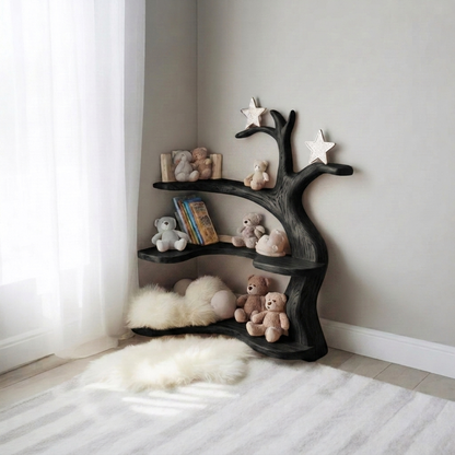 Sculptural Tree Branch Solid Wood Nursery Corner Shelf – Organic Kids Room Decor