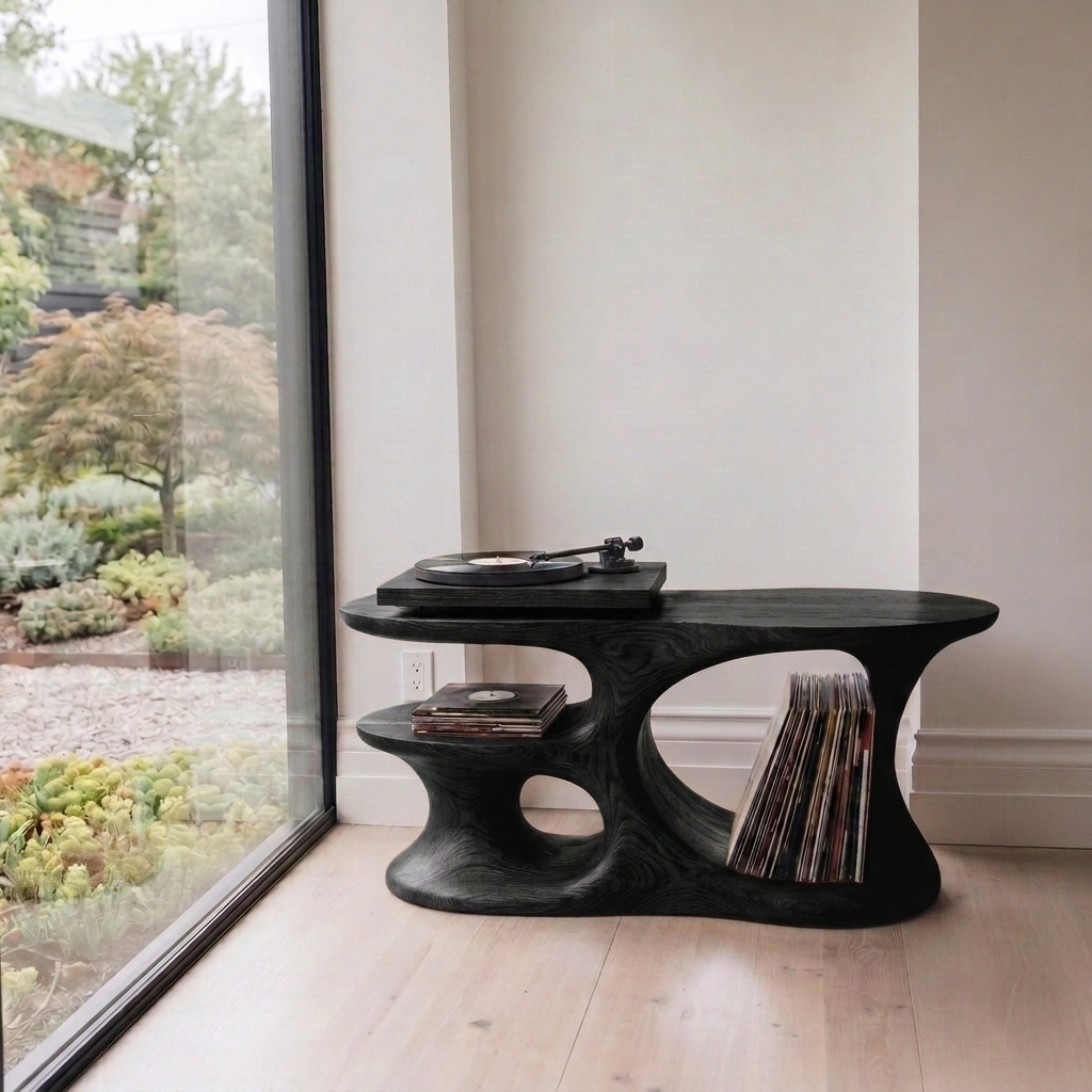 Handcrafted Sculptural Wood Turntable Stand – Solid Wood Vinyl Record Storage Table, Organic Modern LP Console for Music Room