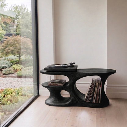Handcrafted Sculptural Wood Turntable Stand – Solid Wood Vinyl Record Storage Table, Organic Modern LP Console for Music Room