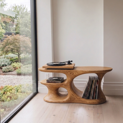 Handcrafted Sculptural Wood Turntable Stand – Solid Wood Vinyl Record Storage Table, Organic Modern LP Console for Music Room
