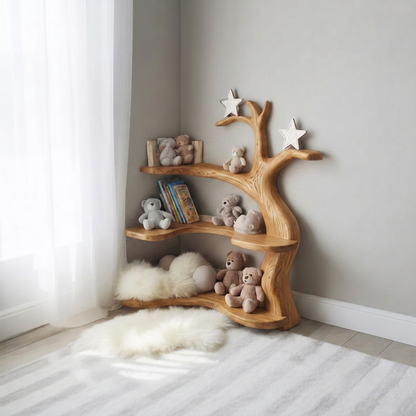 Sculptural Tree Branch Solid Wood Nursery Corner Shelf – Organic Kids Room Decor