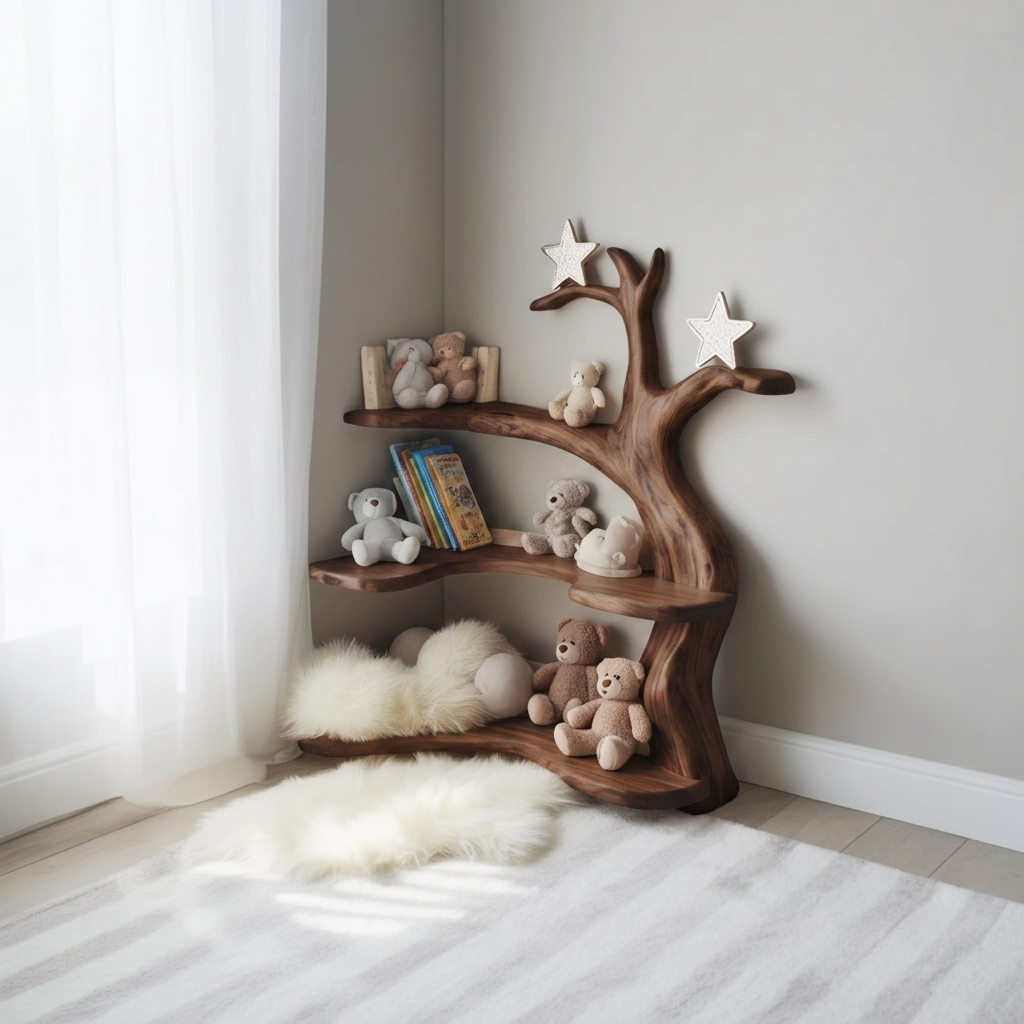 Sculptural Tree Branch Solid Wood Nursery Corner Shelf – Organic Kids Room Decor