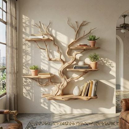 Handcrafted Live Edge Solid Wood Wall Tree Bookshelf