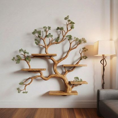 Organic Modern Tree Branch Bookshelf – Large Solid Wood Wall Mounted Sculpture