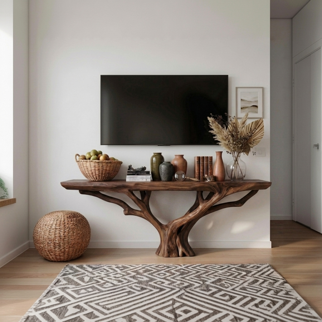 Handcrafted Solid Wood Tree Console Table – Sculptural Wood TV Console, Organic Entryway Table, Rustic Modern Statement Furniture