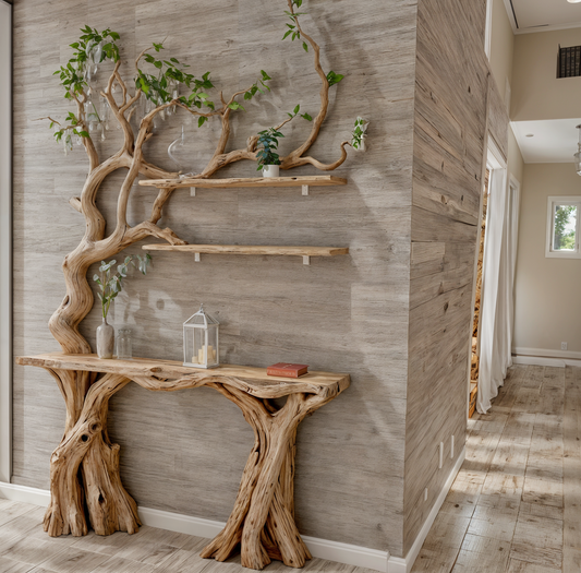 Console narrow table with tree branch bookshelf, Live edge table entryway